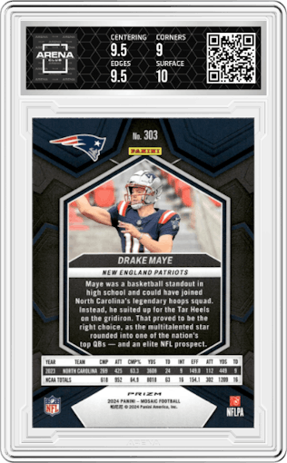 Drake Maye from the 2024 Panini Mosaic set featuring a Reactive Yellow parallel graded by Arena Club and given an overall grade of 9.5.