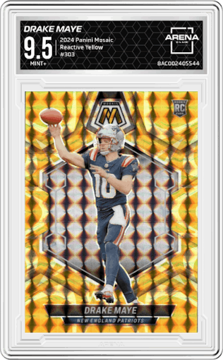 Drake Maye from the 2024 Panini Mosaic set featuring a Reactive Yellow parallel graded by Arena Club and given an overall grade of 9.5.