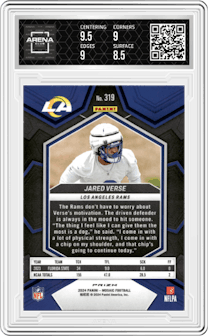 Jared Verse from the 2024 Panini Mosaic set featuring a Reactive Yellow parallel graded by Arena Club and given an overall grade of 9.