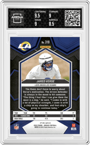 Jared Verse from the 2024 Panini Mosaic set featuring a Reactive Yellow parallel graded by Arena Club and given an overall grade of 9.