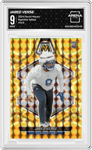 Jared Verse from the 2024 Panini Mosaic set featuring a Reactive Yellow parallel graded by Arena Club and given an overall grade of 9.