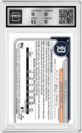 Colt Keith from the 2024 Bowman Chrome set featuring a Wave Refractor parallel graded by Arena Club and given an overall grade of 10.