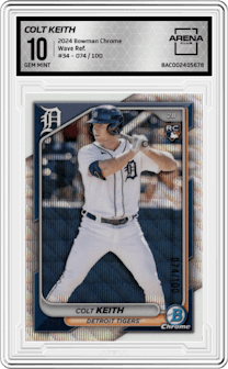 Colt Keith from the 2024 Bowman Chrome set featuring a Wave Refractor parallel graded by Arena Club and given an overall grade of 10.