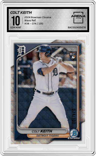 Colt Keith from the 2024 Bowman Chrome set featuring a Wave Refractor parallel graded by Arena Club and given an overall grade of 10.