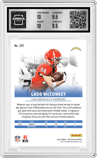 Ladd McConkey from the 2024 Panini Prestige  set featuring a Red Premium Xtra Points parallel graded by Arena Club and given an overall grade of 10.