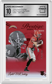Ladd McConkey from the 2024 Panini Prestige  set featuring a Red Premium Xtra Points parallel graded by Arena Club and given an overall grade of 10.