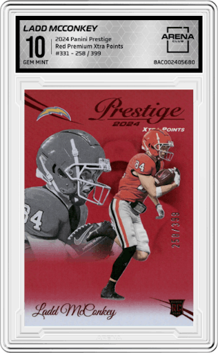 Ladd McConkey from the 2024 Panini Prestige  set featuring a Red Premium Xtra Points parallel graded by Arena Club and given an overall grade of 10.