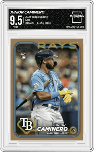 Junior Caminero from the 2024 Topps Update set featuring a Gold parallel graded by Arena Club and given an overall grade of 9.5.
