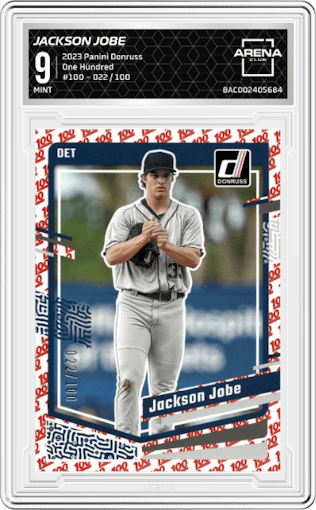 Jackson Jobe from the 2023 Panini Donruss set featuring a One Hundred parallel graded by Arena Club and given an overall grade of 9.