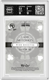 Ladd McConkey from the 2023 Wild Card 5 Card Draw Stacked Deck set featuring a Lux Orange Sparkles  parallel graded by Arena Club and given an overall grade of 9.5.