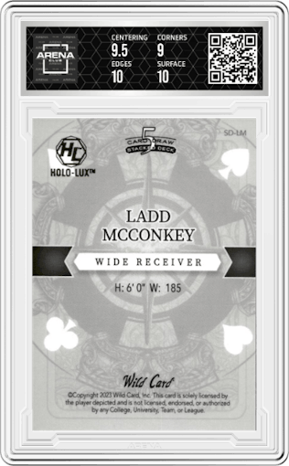 Ladd McConkey from the 2023 Wild Card 5 Card Draw Stacked Deck set featuring a Lux Orange Sparkles  parallel graded by Arena Club and given an overall grade of 9.5.
