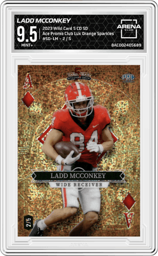 Ladd McConkey from the 2023 Wild Card 5 Card Draw Stacked Deck set featuring a Lux Orange Sparkles  parallel graded by Arena Club and given an overall grade of 9.5.
