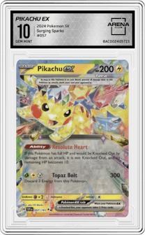 Pikachu ex from the 2024 Pokemon SV set graded by Arena Club and given an overall grade of 10.