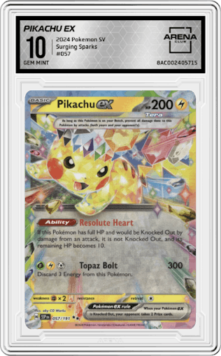 Pikachu ex from the 2024 Pokemon SV set graded by Arena Club and given an overall grade of 10.