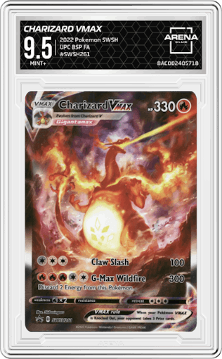 Charizard VMAX  from the 2022 Pokemon SWSH set featuring a Ultra Premium Collection parallel graded by Arena Club and given an overall grade of 9.5.
