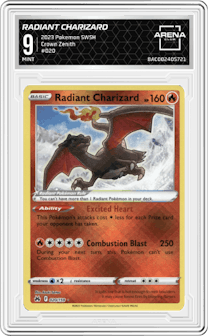 Radiant Charizard from the 2023 Pokemon SWSH set graded by Arena Club and given an overall grade of 9.