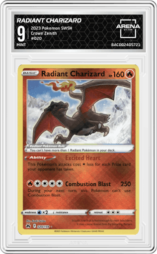 Radiant Charizard from the 2023 Pokemon SWSH set graded by Arena Club and given an overall grade of 9.