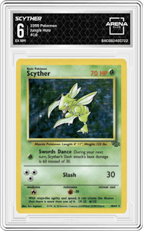 Scyther from the 1999 Pokemon set graded by Arena Club and given an overall grade of 6.