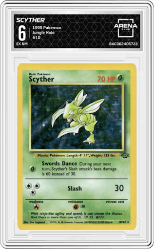 Scyther from the 1999 Pokemon set graded by Arena Club and given an overall grade of 6.