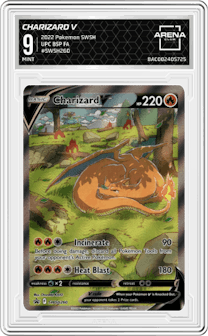 Charizard V from the 2022 Pokemon SWSH set featuring a Ultra Premium Collection parallel graded by Arena Club and given an overall grade of 9.