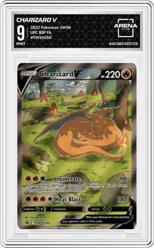 Charizard V from the 2022 Pokemon SWSH set featuring a Ultra Premium Collection parallel graded by Arena Club and given an overall grade of 9.