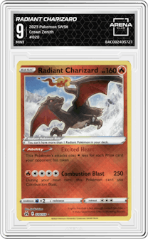 Radiant Charizard from the 2023 Pokemon SWSH set graded by Arena Club and given an overall grade of 9.
