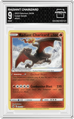 Radiant Charizard from the 2023 Pokemon SWSH set graded by Arena Club and given an overall grade of 9.
