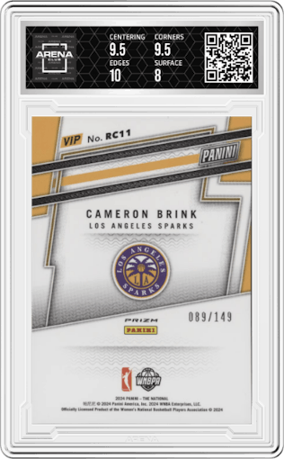 Cameron Brink from the 2024 Panini The National VIP set featuring a Red Sparkle parallel graded by Arena Club and given an overall grade of 8.5.