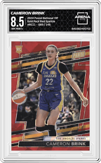Cameron Brink from the 2024 Panini The National VIP set featuring a Red Sparkle parallel graded by Arena Club and given an overall grade of 8.5.