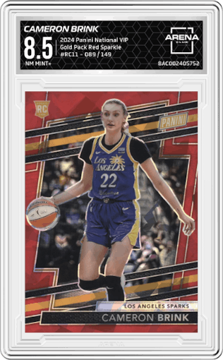Cameron Brink from the 2024 Panini The National VIP set featuring a Red Sparkle parallel graded by Arena Club and given an overall grade of 8.5.