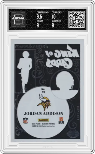 Jordan Addison from the 2023 Panini Illusions set graded by Arena Club and given an overall grade of 9.5.