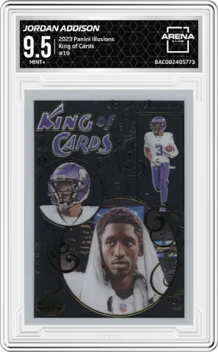 Jordan Addison from the 2023 Panini Illusions set graded by Arena Club and given an overall grade of 9.5.