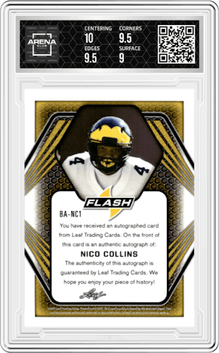 Nico Collins from the 2021 Leaf Flash set graded by Arena Club and given an overall grade of 9.5.