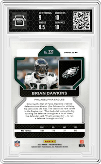 Brian Dawkins from the 2021 Panini Prizm set featuring a Red/White/Blue Prizm parallel graded by Arena Club and given an overall grade of 9.5.