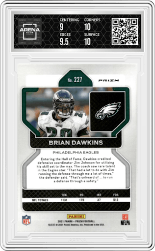 Brian Dawkins from the 2021 Panini Prizm set featuring a Red/White/Blue Prizm parallel graded by Arena Club and given an overall grade of 9.5.