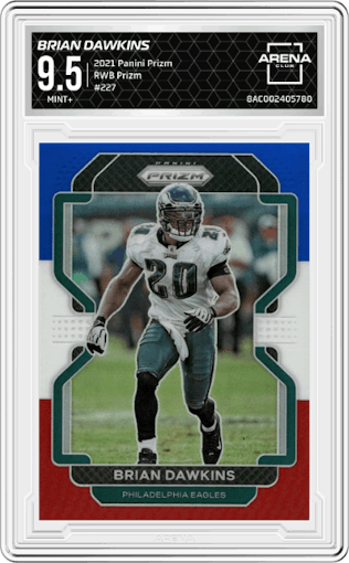 Brian Dawkins from the 2021 Panini Prizm set featuring a Red/White/Blue Prizm parallel graded by Arena Club and given an overall grade of 9.5.