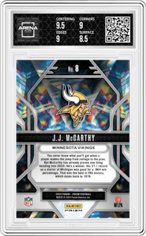 J.J. McCarthy from the 2024 Panini Prizm set featuring a Green Prizm parallel graded by Arena Club and given an overall grade of 9.
