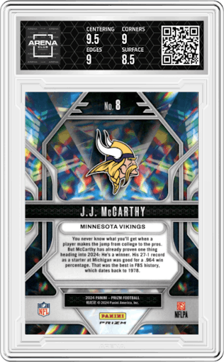 J.J. McCarthy from the 2024 Panini Prizm set featuring a Green Prizm parallel graded by Arena Club and given an overall grade of 9.