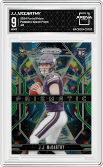 J.J. McCarthy from the 2024 Panini Prizm set featuring a Green Prizm parallel graded by Arena Club and given an overall grade of 9.