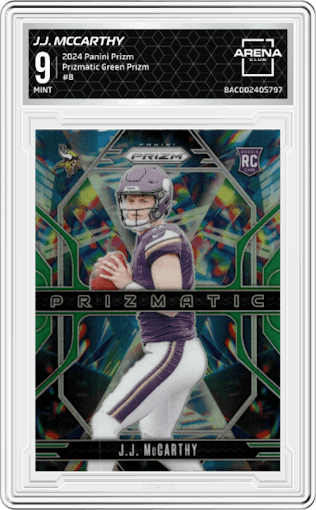 J.J. McCarthy from the 2024 Panini Prizm set featuring a Green Prizm parallel graded by Arena Club and given an overall grade of 9.