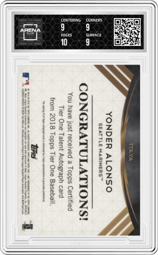 Yonder Alonso from the 2018 Topps Tier One set graded by Arena Club and given an overall grade of 9.5.