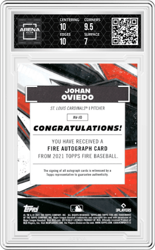 Johan Oviedo from the 2021 Topps Fire set graded by Arena Club and given an overall grade of 7.5.