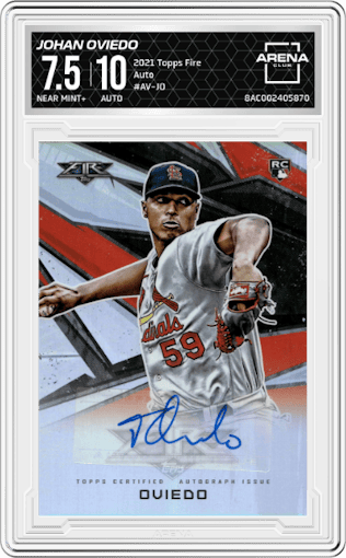 Johan Oviedo from the 2021 Topps Fire set graded by Arena Club and given an overall grade of 7.5.