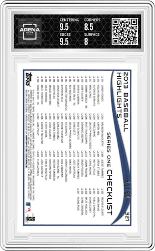 Mariano Rivera from the 2014 Topps Series 1 set featuring a Pink parallel graded by Arena Club and given an overall grade of 8.5.
