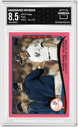 Mariano Rivera from the 2014 Topps Series 1 set featuring a Pink parallel graded by Arena Club and given an overall grade of 8.5.