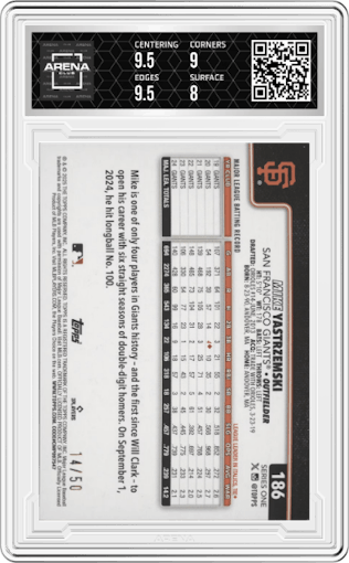 Mike Yastrzemski	 from the 2025 Topps set featuring a Holiday Flowers parallel graded by Arena Club and given an overall grade of 8.5.