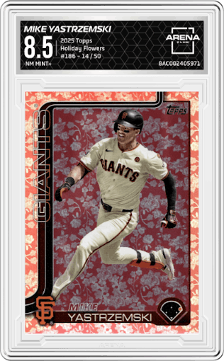 Mike Yastrzemski	 from the 2025 Topps set featuring a Holiday Flowers parallel graded by Arena Club and given an overall grade of 8.5.