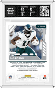 A.J. Brown from the 2023 Panini Donruss set graded by Arena Club and given an overall grade of 9.5.