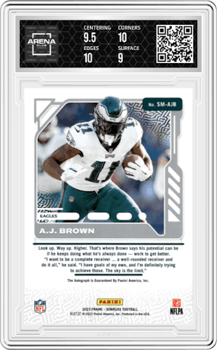 A.J. Brown from the 2023 Panini Donruss set graded by Arena Club and given an overall grade of 9.5.