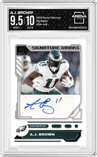 A.J. Brown from the 2023 Panini Donruss set graded by Arena Club and given an overall grade of 9.5.